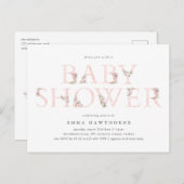 フローラタイポグラフィピンクベビーシャワー招待状 ポストカード (正面/裏面)