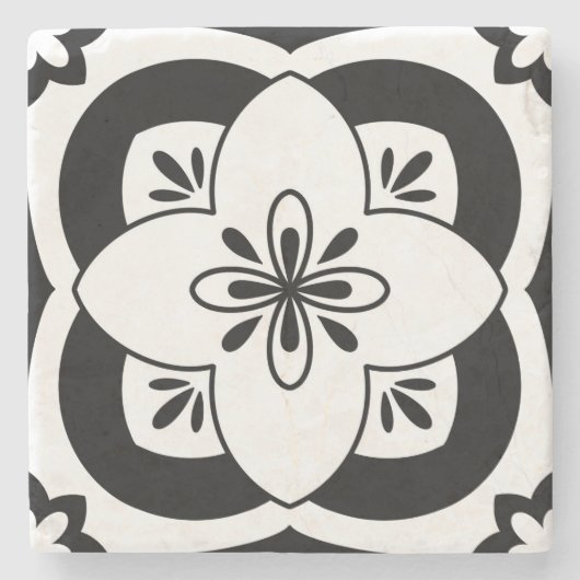 フローラタイルコースター – 黒 ストーンコースター (正面)