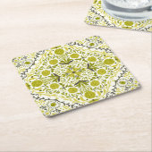フローラタイル，緑 スクエアペーパーコースター (アングル)