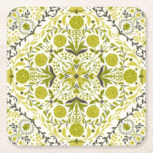 フローラタイル，緑 スクエアペーパーコースター (正面)