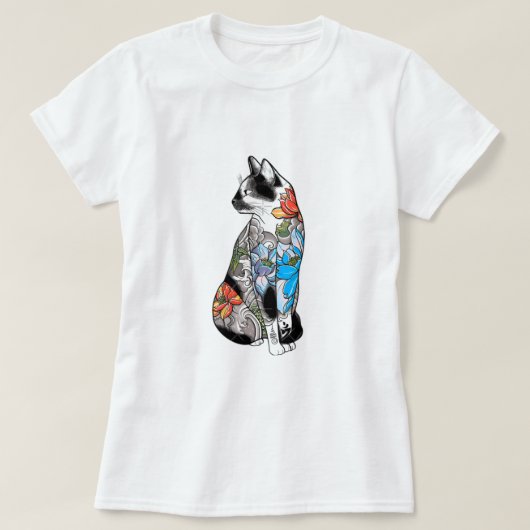フローラタトゥーキャットイラストレーション鮮やか- 芸術的, Tシャツ (デザイン正面)