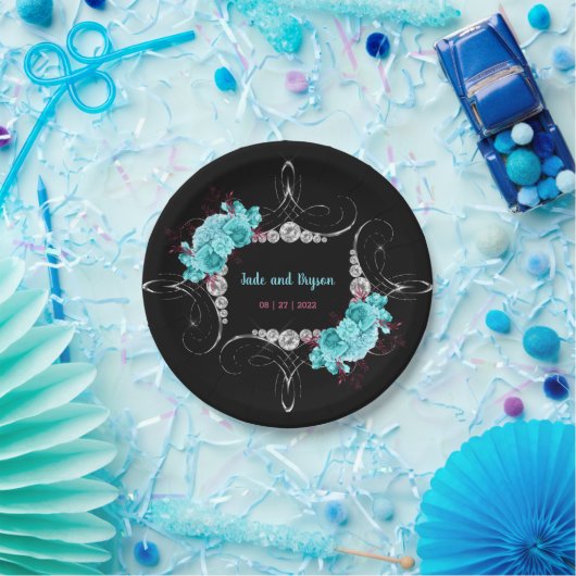 フローラターコイズとマウヴラインエレガントストーン ペーパープレート (パーティー)