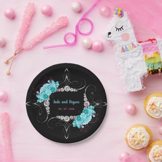 フローラターコイズとマウヴラインエレガントストーン ペーパープレート (パーティー)