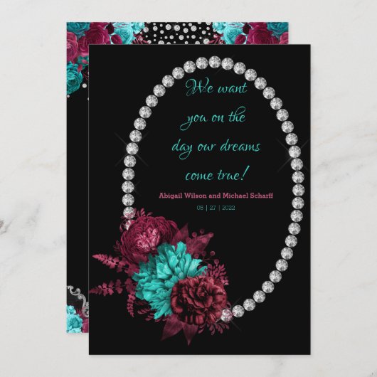 フローラターコイズとメイヴエレガントな結婚式 招待状 (正面/裏面)