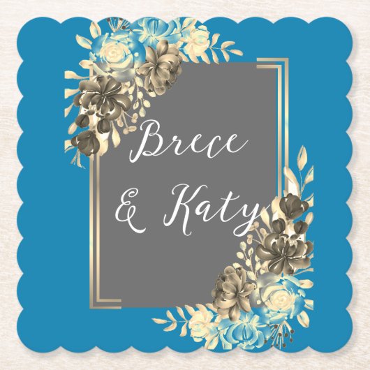 フローラターコイズグレ淡い色のー&イエロー結婚ズ ペーパーコースター (正面)