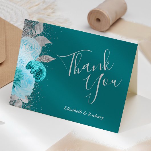 フローラターコイズシルバー結婚ズ・サンキュー カード