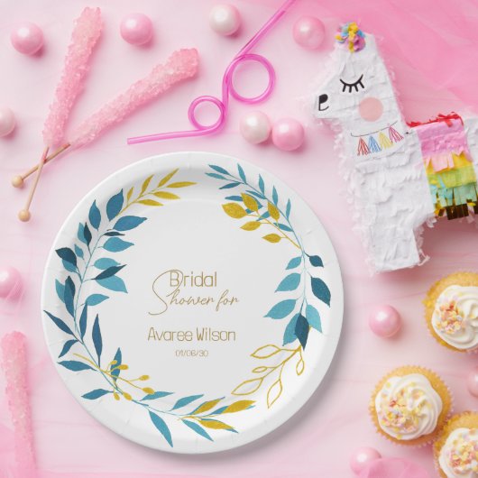 フローラターコイズブルーと金ゴールド紙プレート ペーパープレート (パーティー)