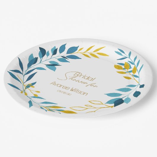 フローラターコイズブルーと金ゴールド紙プレート ペーパープレート (アングル)