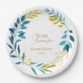 フローラターコイズブルーと金ゴールド紙プレート ペーパープレート (正面)