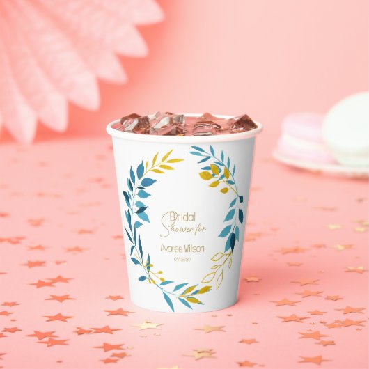 フローラターコイズブルーと金ゴールド紙プレート 紙コップ (インサイチュ)