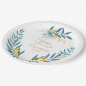 フローラターコイズブルーと金ゴールド ペーパープレート (アングル)
