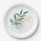 フローラターコイズブルーと金ゴールド ペーパープレート (正面)