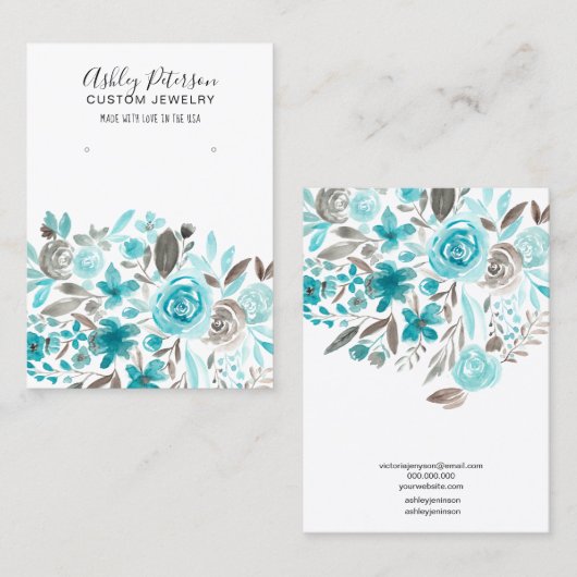 フローラターコイズ水彩イヤリングディスプレイ 名刺 (正面/裏面)