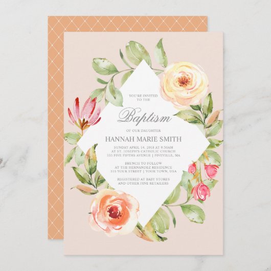 フローラダイエレガントヤモンドピーチ洗礼招待状 招待状 (正面/裏面)
