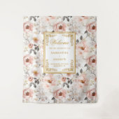 フローラダスティピンクアイボリー結婚金ゴールドのバナー タペストリー (正面)