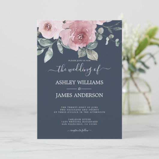 フローラダスティピンクローズダークブルー結婚ズ 招待状 (スタンド正面)
