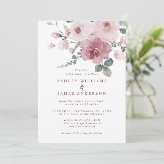 フローラダスティピンクローズブルゴーニュ結婚式招待状 招待状 (スタンド正面)