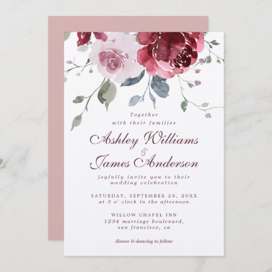 フローラダスティピンクローズブルゴーニュ結婚式招待状 招待状 (正面/裏面)