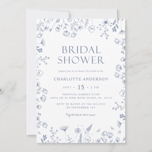 フローラダスティブルーエレガントブライダルシャワー 招待状 (正面)