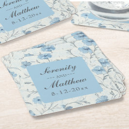 フローラダスティブルーカントリー素朴ガーデン結婚ズ スクエアペーパーコースター
