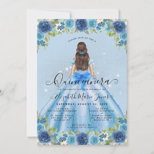 フローラダスティブルーシルバーグラムプリンセスキンセアニェラ 招待状 (正面)