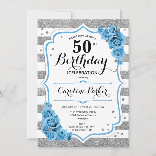 フローラダスティブルーシルバーフォト50誕生日 招待状 (正面)