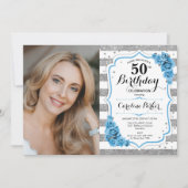 フローラダスティブルーシルバーホワイト写真50誕生日 招待状 (正面)