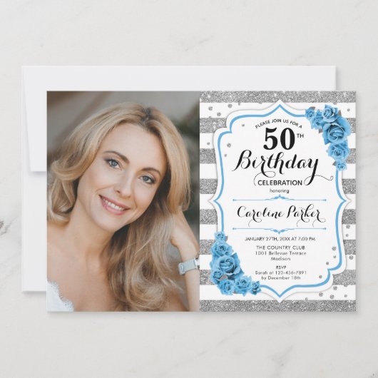 フローラダスティブルーシルバーホワイト写真50誕生日 招待状 (正面)