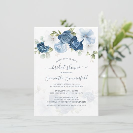 フローラダスティブルースクリプトの葉のブライダルシャワー 招待状 (スタンド正面)