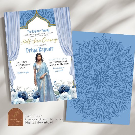 フローラダスティブルーハーフサリーインディアンガールセレモニー 招待状