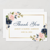 フローラダスティブルーピンク赤面結婚ズ金ゴールド サンキューカード (正面/裏面)