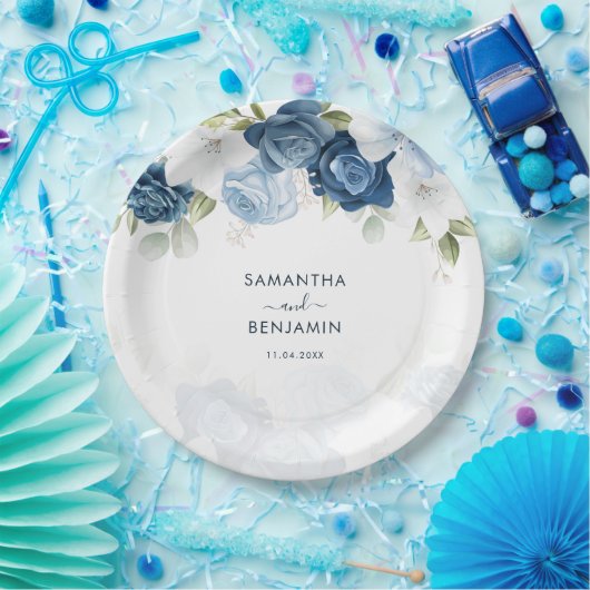 フローラダスティブルーホワイトウェディングシャワー ペーパープレート (パーティー)