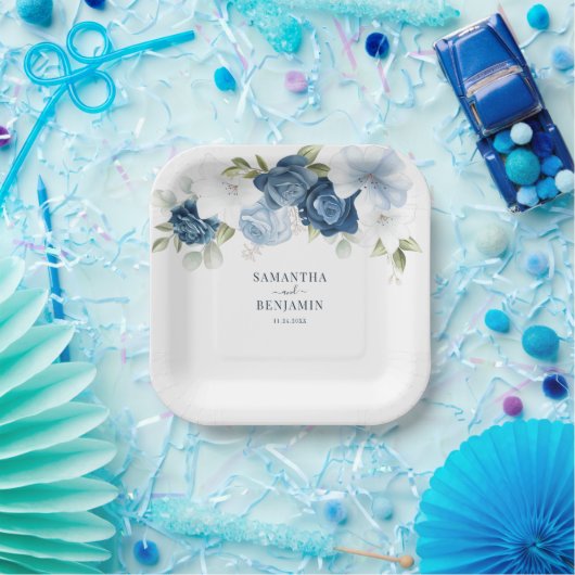 フローラダスティブルーホワイトウェディングシャワー ペーパープレート (パーティー)