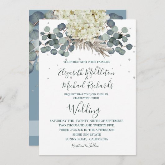 フローラダスティブルーユーカリプトゥスエレガントな結婚式 招待状 (正面/裏面)