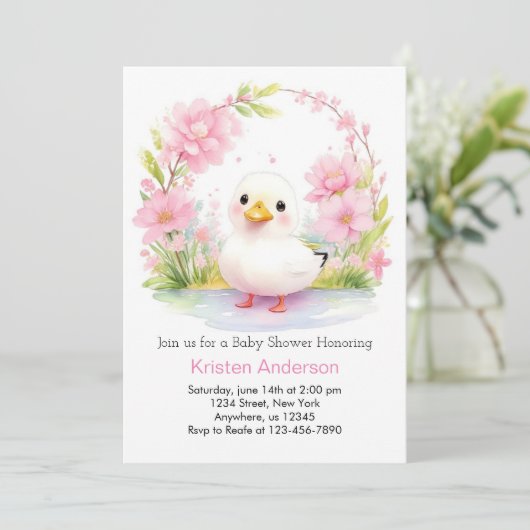 フローラダック魅惑ピンクの女の子の赤ちゃんシャワー 招待状 (スタンド正面)