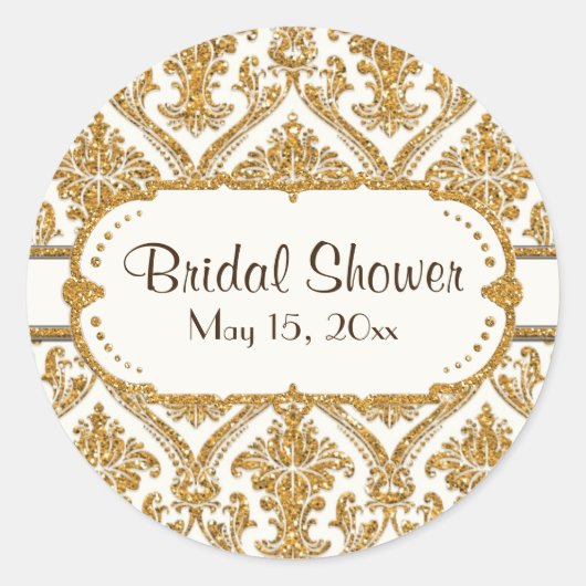 フローラダマスクエレガント金ゴールドグリッターブライダルシャワー ラウンドシール (正面)
