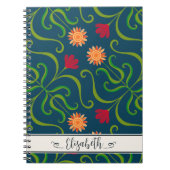 フローラダマスクスンフラワーボホーネイビーブルーフォークアート ノートブック (正面)