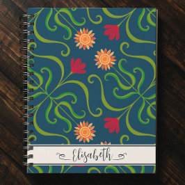 フローラダマスクスンフラワーボホーネイビーブルーフォークアート ノートブック