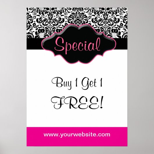 フローラダマスクポスターサロン白黒ピンク ポスター (正面)