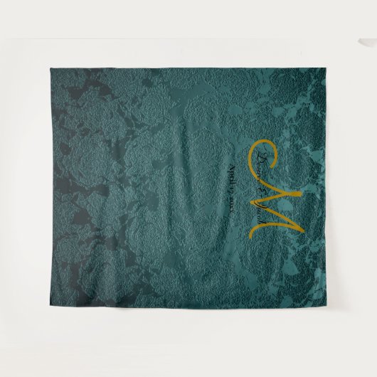 フローラダークティール（緑がかった色）金ゴールドブラックモノグラムフォトブース タペストリー (正面(横))