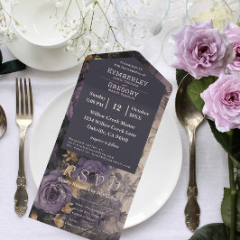 フローラダークプラムパープルバラ金ゴールドアクセント電子メール オールインワン招待状