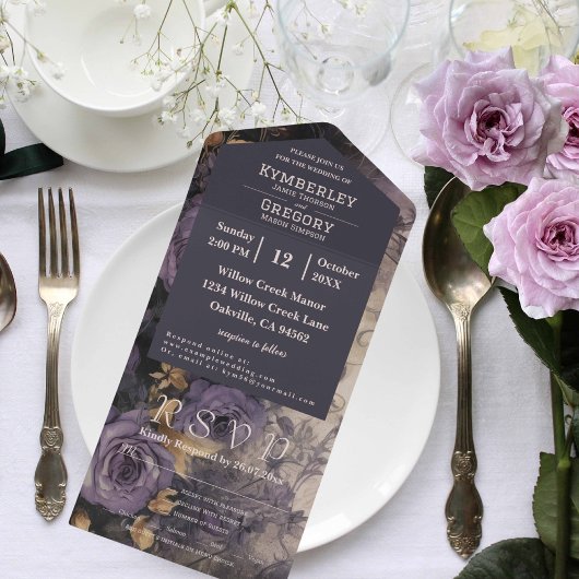 フローラダークプラムパープルバラ金ゴールドアクセント電子メール オールインワン招待状