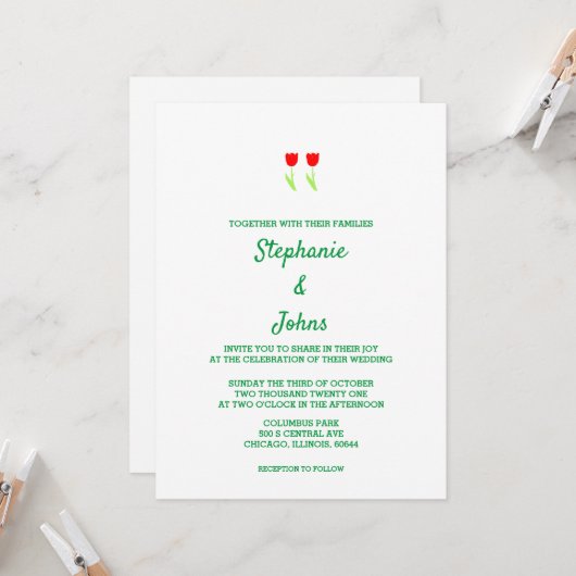 フローラチューリップフラワーレッドホワイトグリーンキュート結婚ズ 招待状 (正面/裏面インサイチュ)