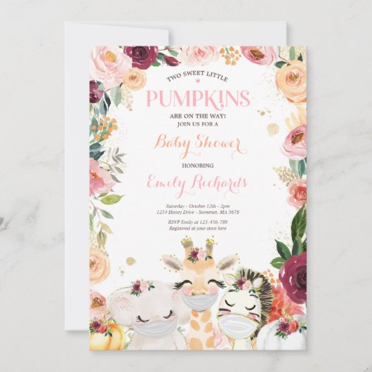 フローラツインサファリアニマルズカボチャ赤ちゃんシャワー 招待状 (正面)