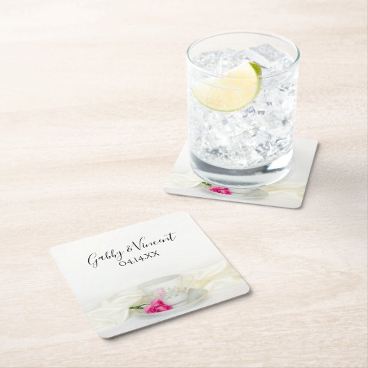 フローラティーカップとピンクのバラ結婚ズ スクエアペーパーコースター (インサイチュ)