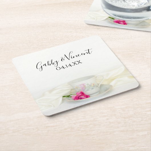 フローラティーカップとピンクのバラ結婚ズ スクエアペーパーコースター (アングル)