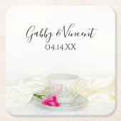 フローラティーカップとピンクのバラ結婚ズ スクエアペーパーコースター (正面)