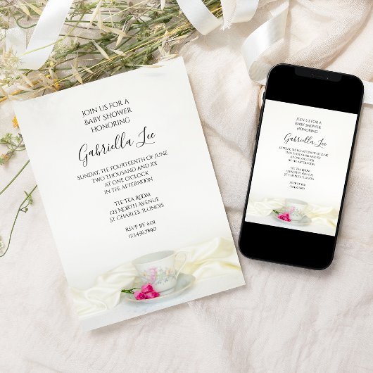 フローラティーカップとピンクのバラ赤ちゃんシャワー 招待状