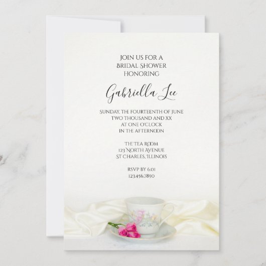 フローラティーカップとピンクローズブライダルシャワー 招待状 (正面)