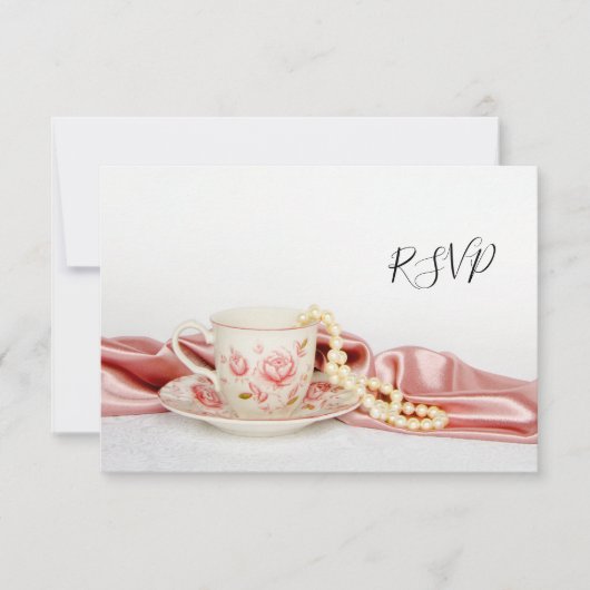 フローラティーカップと真珠の結婚式RSVP返信カード 出欠カード (正面)